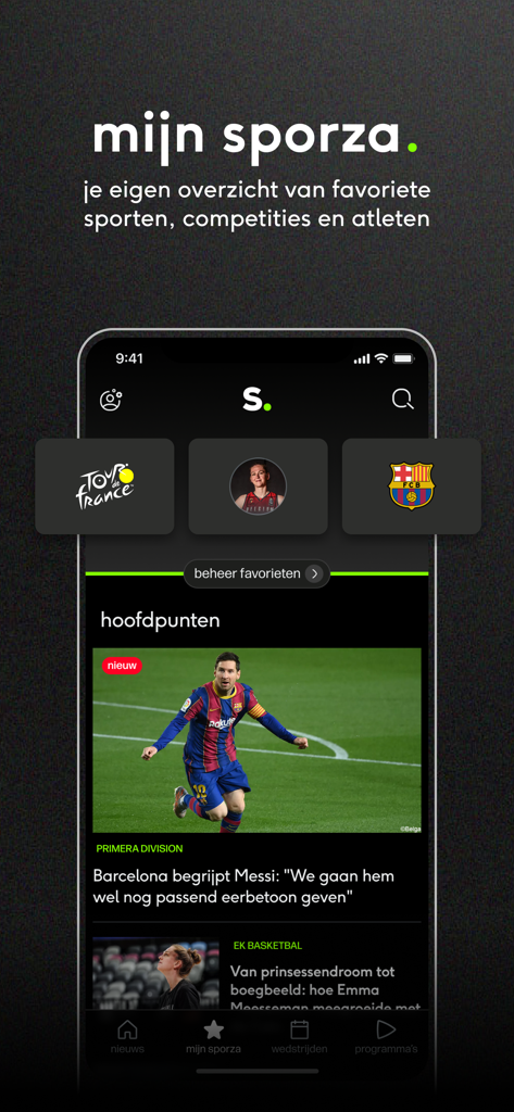 Sporza - Sporza app interface showing personalized sports news and favorite teams.