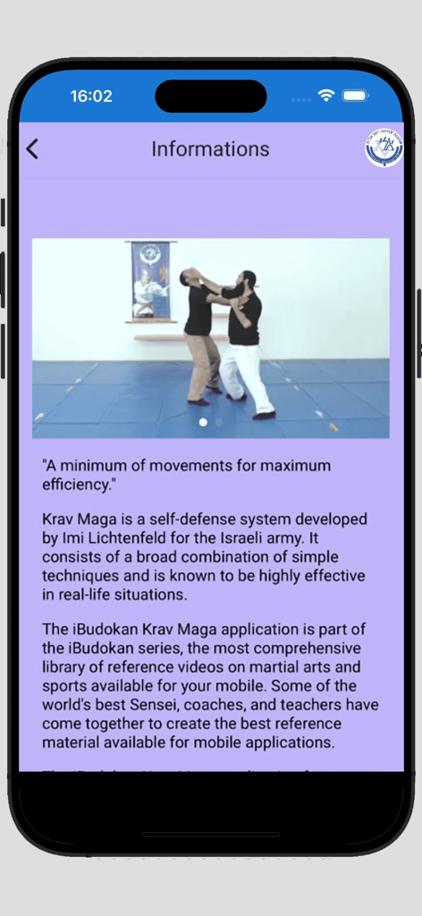 Krav Maga All - Information screen of Krav Maga All app showing a self defense technique demonstration and training details