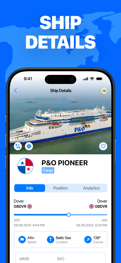 Marine Traffic 및 Ship Tracker 앱의 스크린샷으로, 속도 및 위치를 포함한 화물선 P and O Pioneer의 상세 선박 정보 표시
