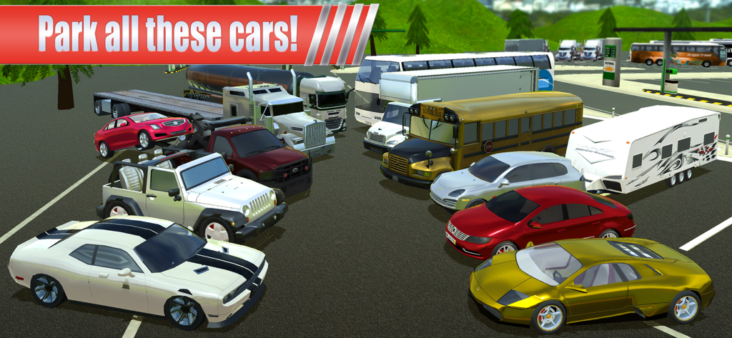 Gas Station: Car Parking Sim - シミュレーションゲームでガソリンスタンドに駐車されている、スポーツカー、トラック、バスなど多様な車両。