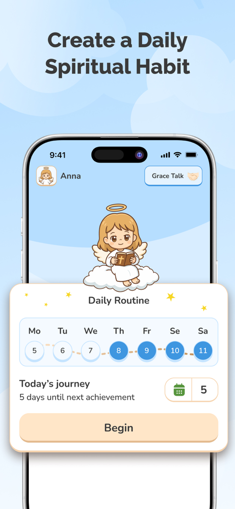 Angely: Screen Time & Faith - A mobile app interface from Angely showing a daily spiritual habit tracker with a cute angel illustration and progress streaks.
