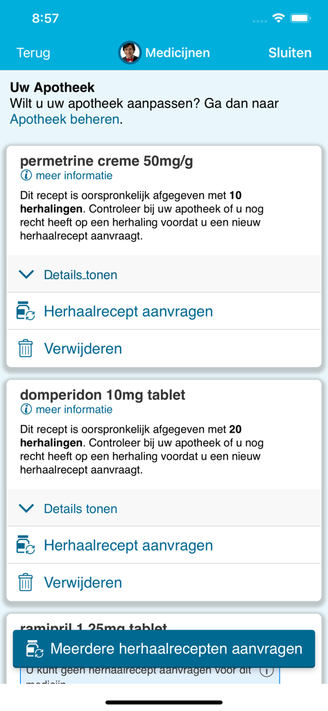 A medication management screen in the mijnRadboud app showing prescribed drugs and options to request repeat prescriptions