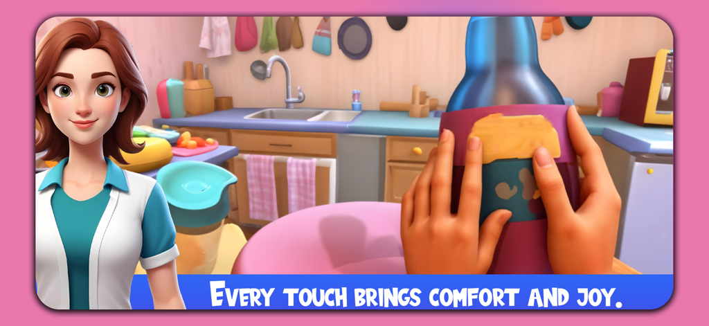 Mother Simulator : Real Mom - A first person view of preparing a baby bottle in a kitchen with a virtual mother character on the side