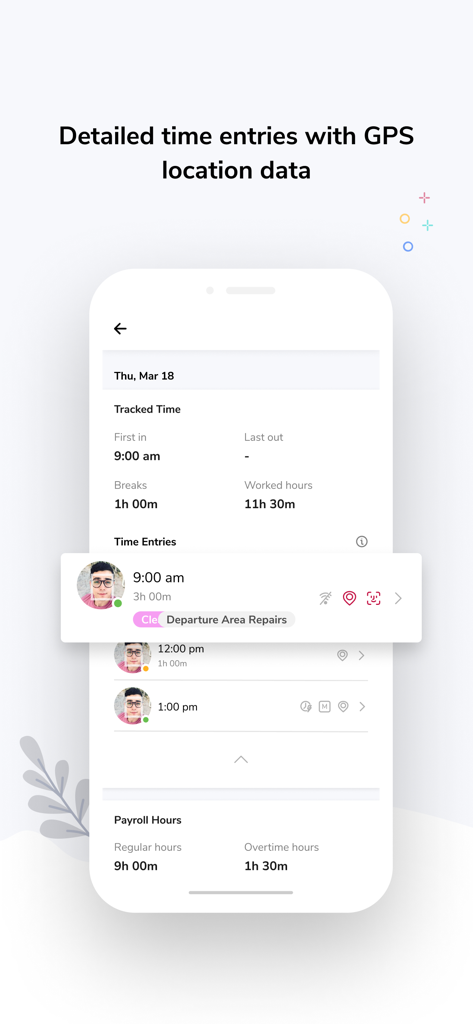 Jibble: Attendance Tracker - Detailed employee time entries and GPS location tracking in the Jibble app.