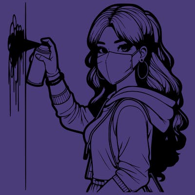 realistic girl with mask spray painting a wall