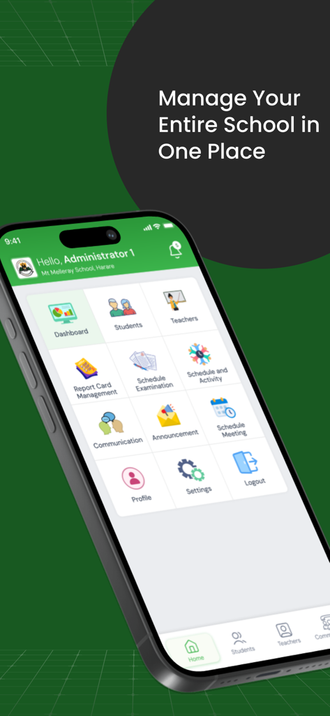 Brainstake - Panel de control de la aplicación Brainstake que muestra funciones administrativas para gestionar estudiantes, profesores y horarios