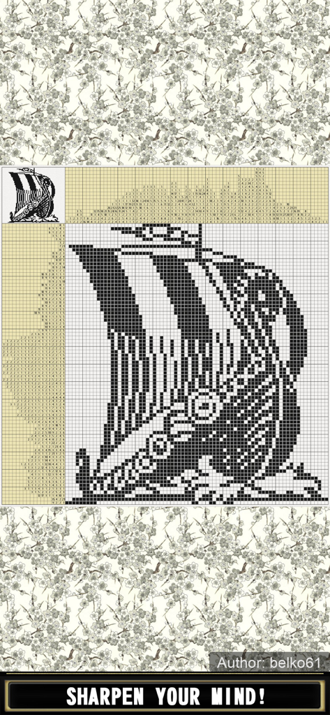 A black and white nonogram puzzle of a Viking ship with a decorative floral background.