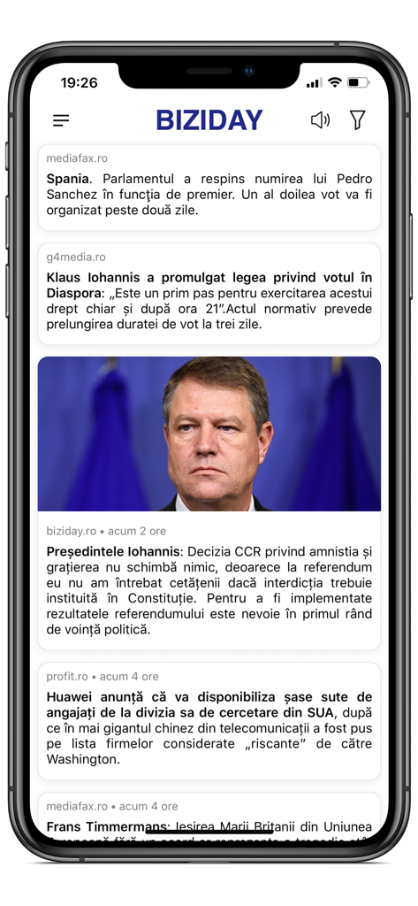 Biziday mobile app interface showing a feed of Romanian news articles and alerts on an iPhone