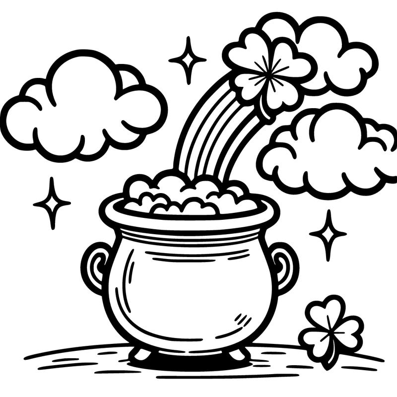 simple pot of gold with clouds and a shamrock