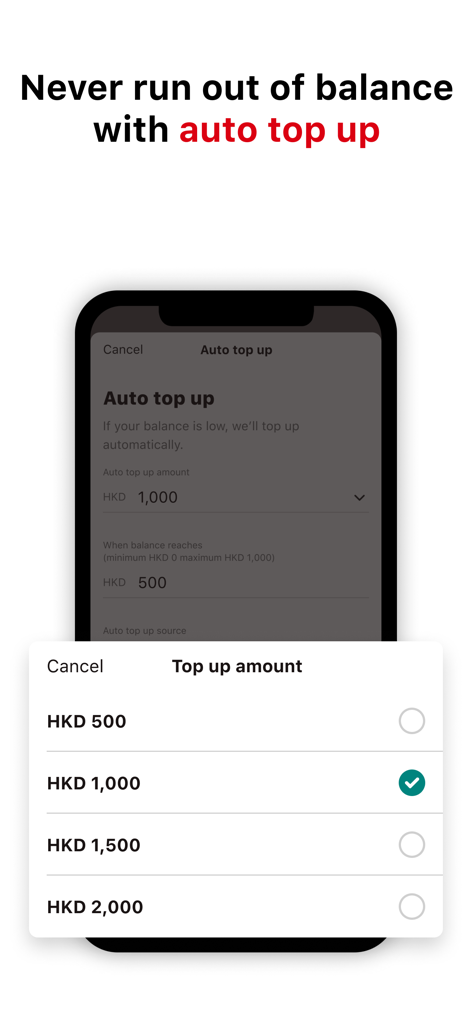 PayMe by HSBC app auto top up settings screen with HKD amount selection