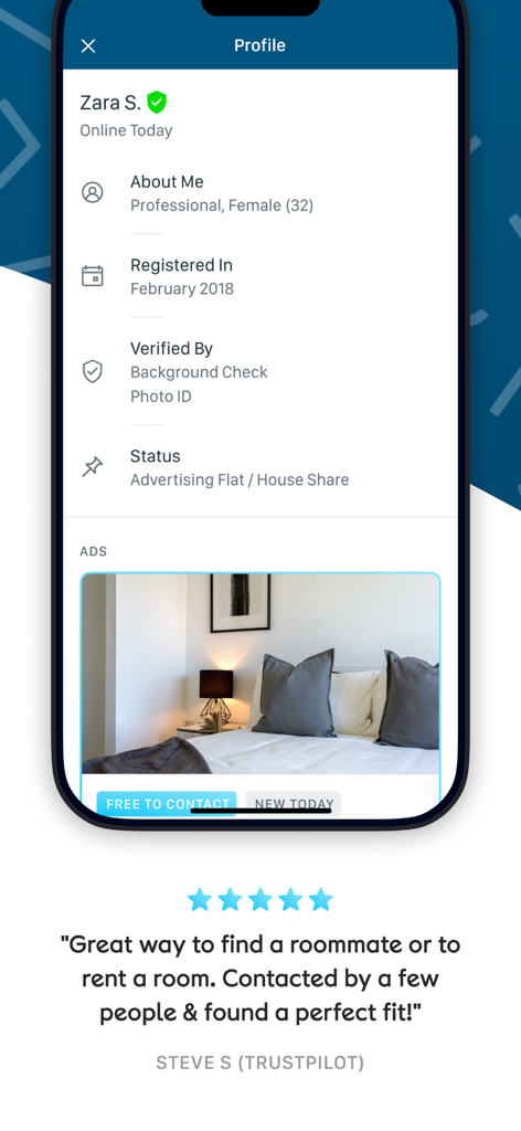 SpareRoom US - A verified user profile on the SpareRoom US app featuring a positive customer review and bedroom photo