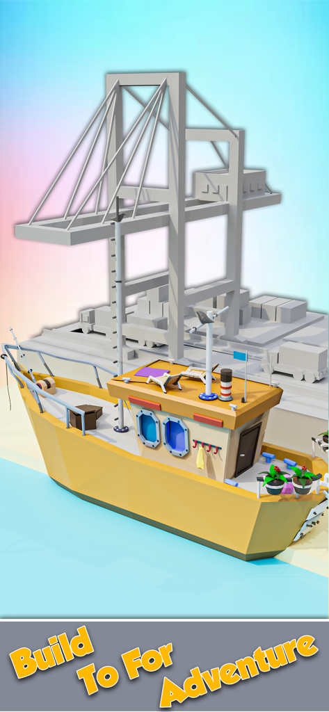 World Builder 3D:Building Game - Uma captura de tela de um jogo de quebra-cabeça 3D mostrando um barco amarelo sendo montado em um cais de carga com um grande guindaste.