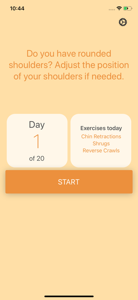 Tela principal do aplicativo Tecno-Pescoço mostrando o Dia 1 do plano de exercícios de postura de 20 dias