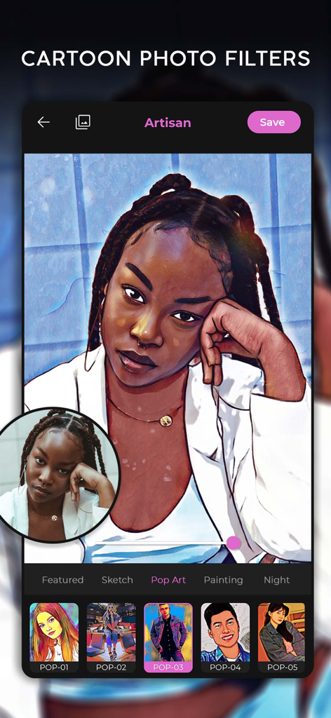 Interfaz de usuario de la aplicación Artisan Cartoon Photo Editor que muestra un retrato con un filtro de dibujo animado pop art aplicado