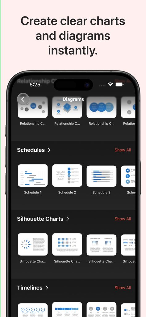Pantalla de smartphone que muestra una variedad de plantillas profesionales de gráficos y diagramas para Pages y Keynote.