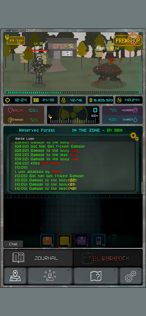 Pocket ZONE - Gameplay screen of Pocket ZONE showing character combat against a mutant with detailed battle logs and survival stats