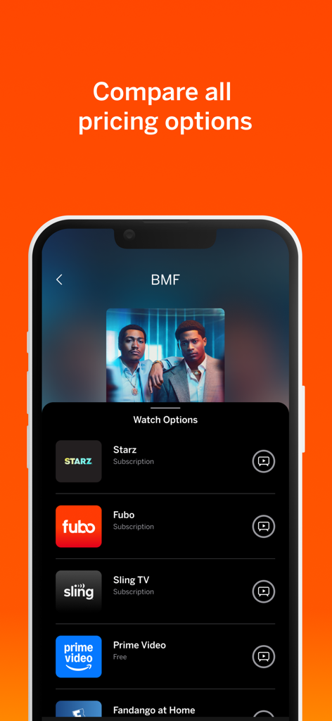 VIZIO | WatchFree+ - Pantalla de la aplicación VIZIO WatchFree+ que compara precios y opciones de visualización en múltiples servicios de streaming.