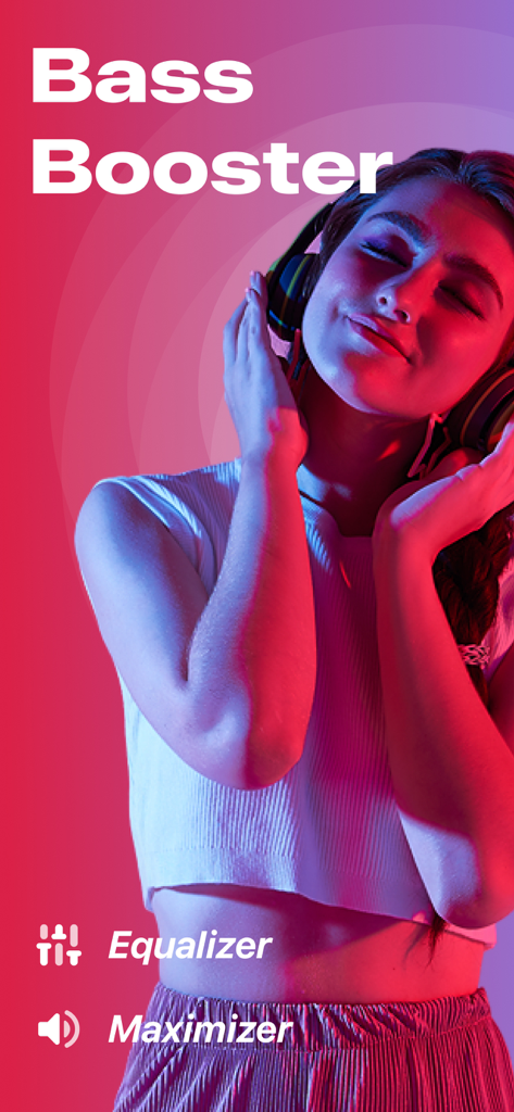 Bass Booster + Sound Equalizer - Una giovane donna che ascolta musica immersiva con cuffie, con testo di Bass Booster Equalizer e Maximizer