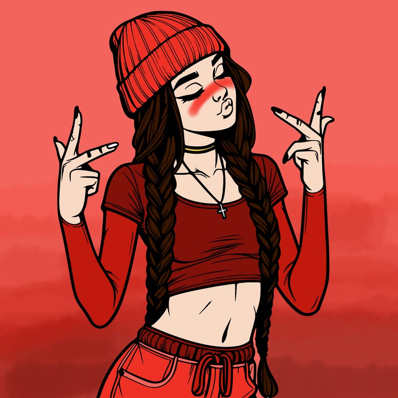 realistic teenage girl with braids and a beanie and crop top doing 🫶🏼