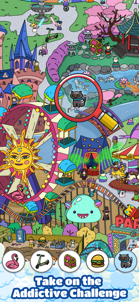 Scavenger Hunt－Hidden objects! - Mapa vibrante de parque de atracciones en Búsqueda del Tesoro con una lupa encontrando un gato oculto