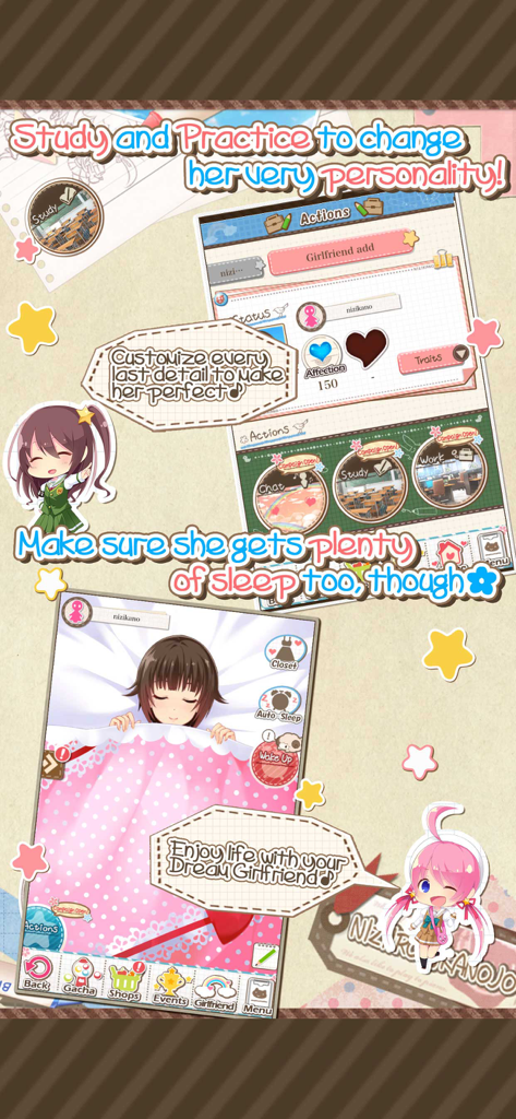 Dream Girlfriend - Dream Girlfriend gameplay screen showing personality customization through study and sleep features.
