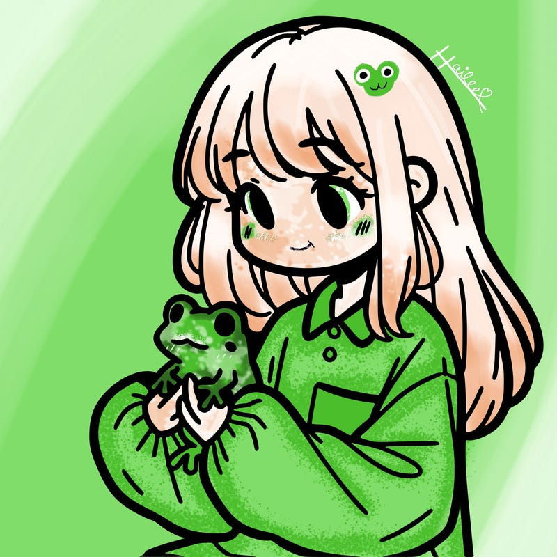 girl with long hair and a oversized shirt. and she is holding a frog