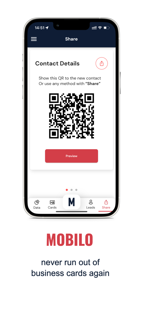 Mobilo Card app interface displaying a QR code to share professional contact details
