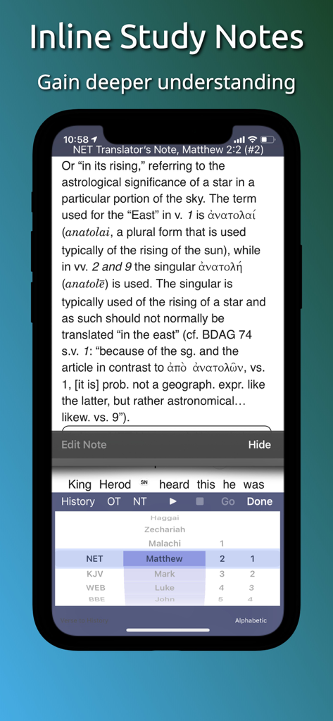 Touch Bible: Read, Study & Go - Una captura de pantalla de la aplicación Touch Bible que muestra notas de estudio bíblico detalladas y la interfaz de selección Dial-a-Verse.