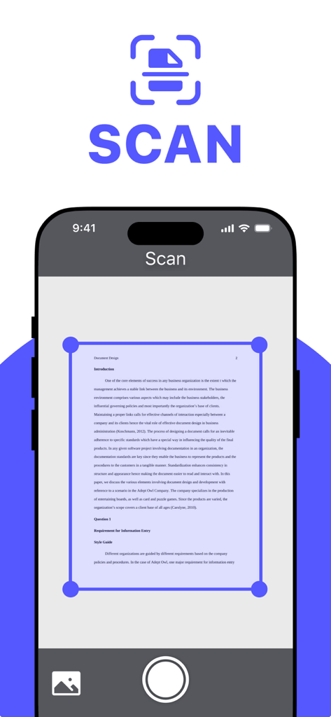 スマートフォン画面に、テキストドキュメントをキャプチャするDocument Scanner to PDFアプリのスキャンインターフェイスが表示され、青い選択フレームが付いています