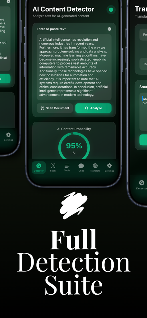 GPTzero AI humanize Detector - Mobile app interface showing AI content detector analyzing text with a ninety five percent AI probability score.