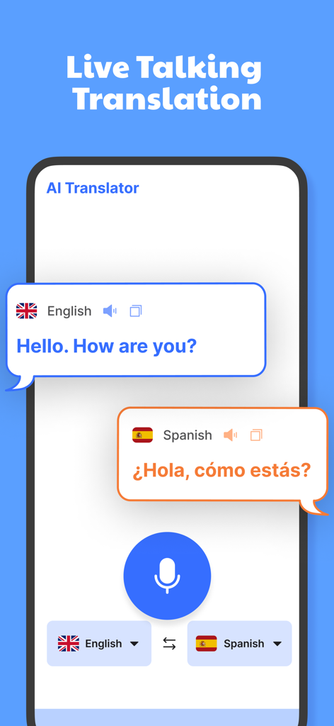 AI Translator mobile app interface showing a live voice conversation being translated between English and Spanish