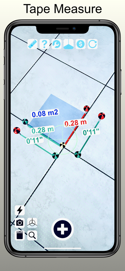 Tape Measure Camera AR Ruler - メートルとインチで床面積のAR測定を表示しているスマートフォンの画面