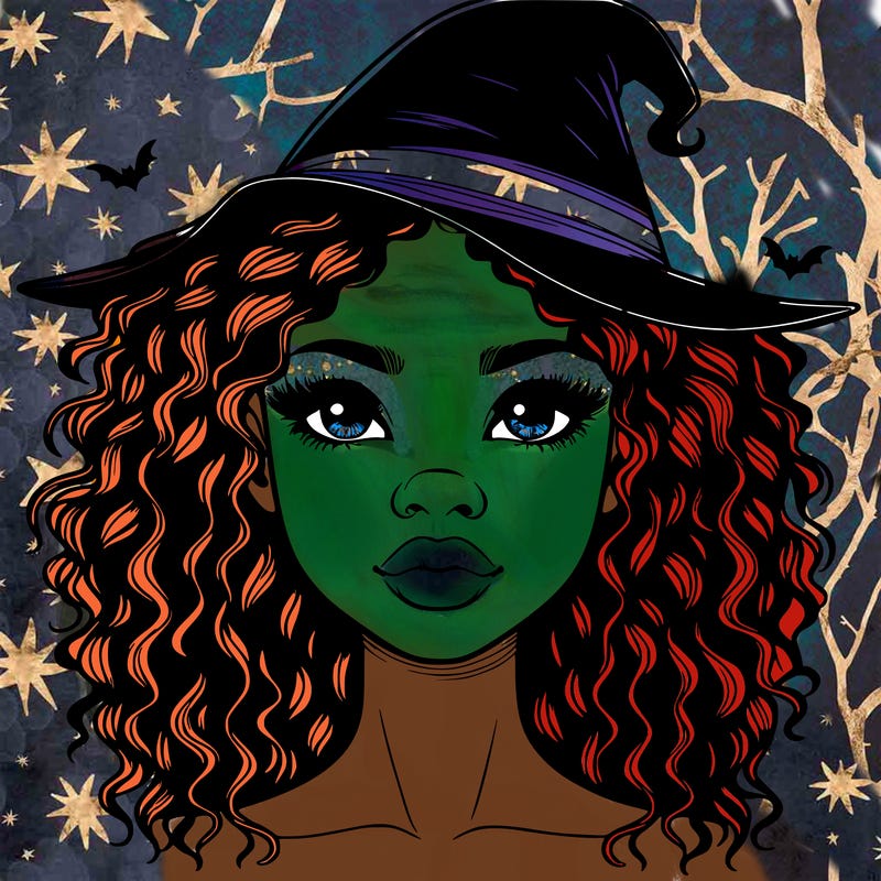 realistic black girl with wavy hair and witch hat and nose and lips