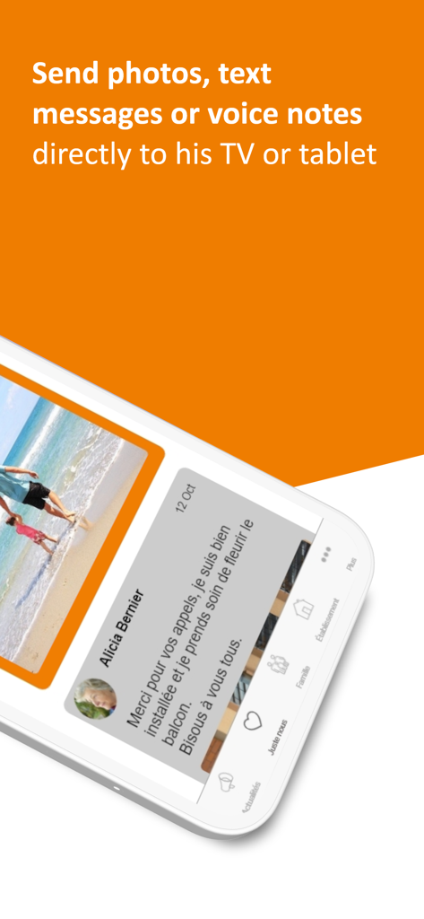 Tela de smartphone exibindo o feed do aplicativo Korian Family com uma foto de praia e uma mensagem de um membro da família.