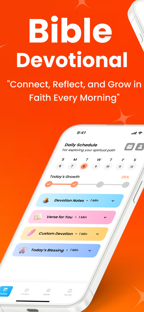 Bible Chat AI - Daily Verses - A mobile app screen showing a daily Bible devotional schedule with categories for notes, verses, and prayers.