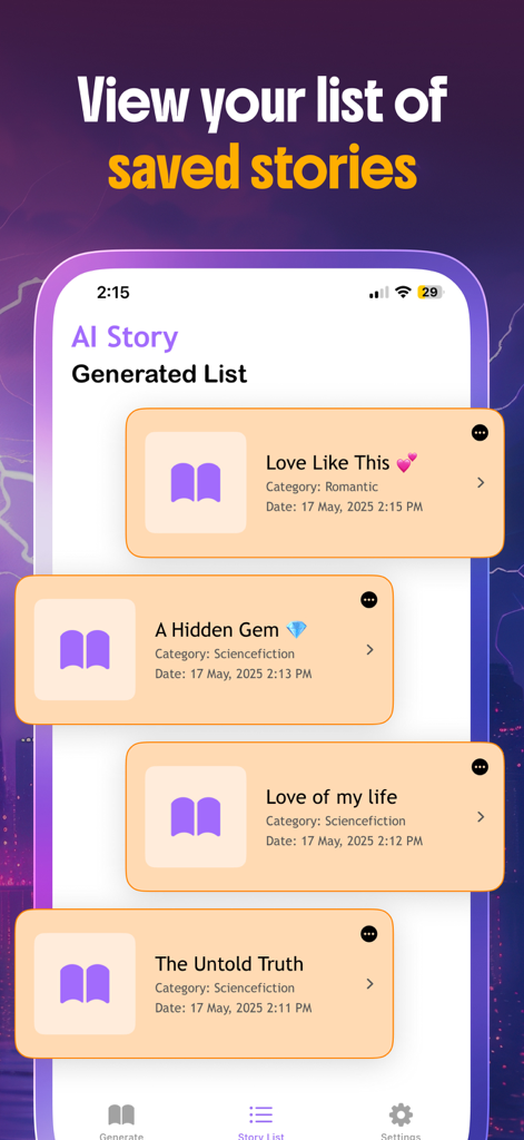 Novel AI - AI Story Generator - A mobile app screen for Novel AI displaying a generated list of saved stories in various genres like Romantic and Science Fiction.
