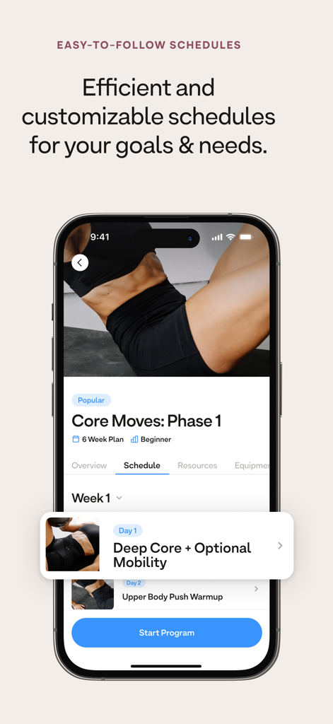 A 6 week beginner core workout schedule on the MOVES by Madeline app