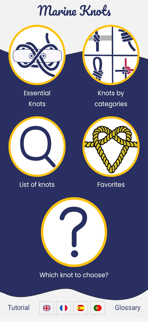 Marine Knots - Main menu screen of the Marine Knots app showing options for essential knots categories and selection assistance