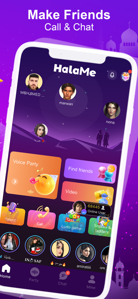 HalaMe mobile app home interface featuring voice party rooms and social gaming options