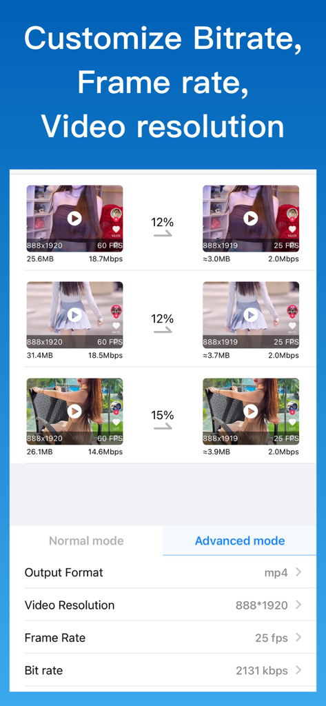Interface of the video compressor app showing advanced settings for customizing resolution, frame rate, and bitrate to reduce file size.