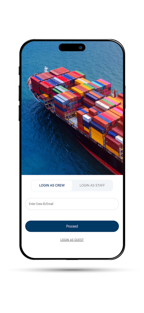 WE Care - Anglo-Eastern - Login screen of the WE Care Anglo-Eastern app featuring a container ship and crew login options