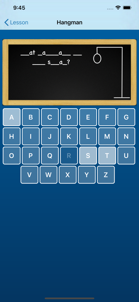 Interfaz del juego de palabras Ahorcado en la aplicación de aprendizaje de inglés How's It Going