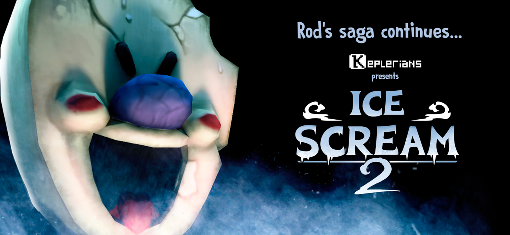 Máscara de helado espeluznante junto al título del juego Ice Scream 2 sobre un fondo oscuro.