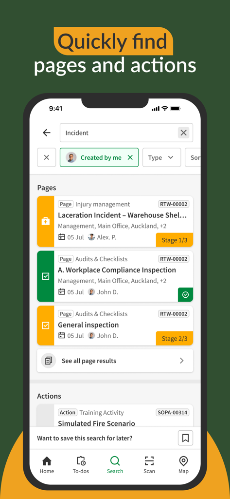 ecoPortal Connect - Interface de pesquisa no aplicativo ecoPortal Connect mostrando relatórios de incidentes de segurança e auditorias do local de trabalho