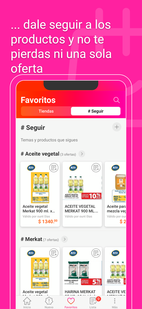 Interfaz de la aplicación de catálogos chilenos que muestra una lista de favoritos con ofertas de supermercados y precios de productos rastreados.