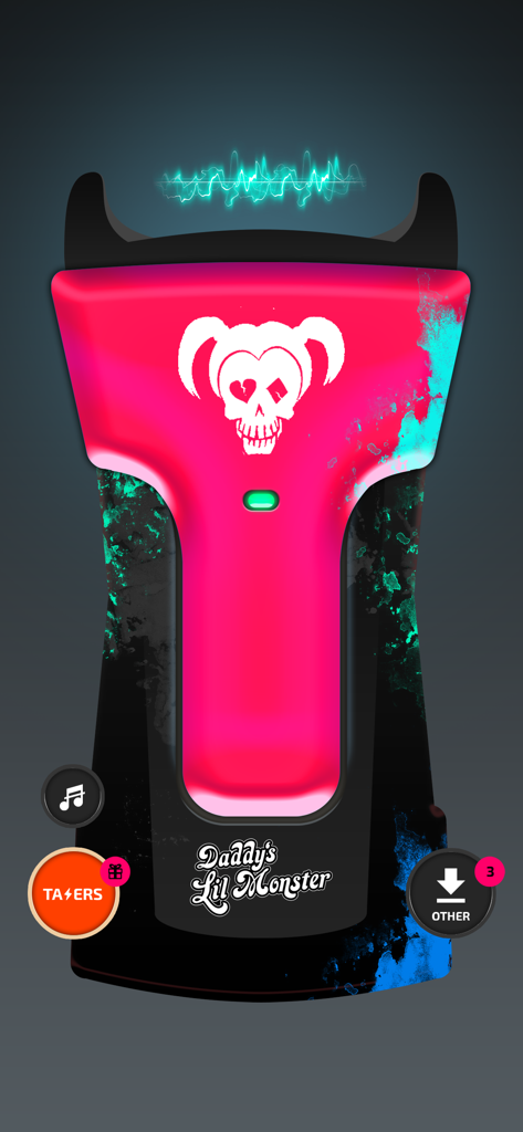 A pink and black digital stun gun interface from a prank app featuring a skull icon and electric shock effect.