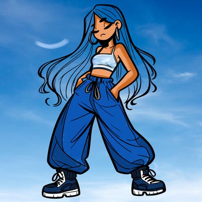 girl in baggy pants crop top and long hair