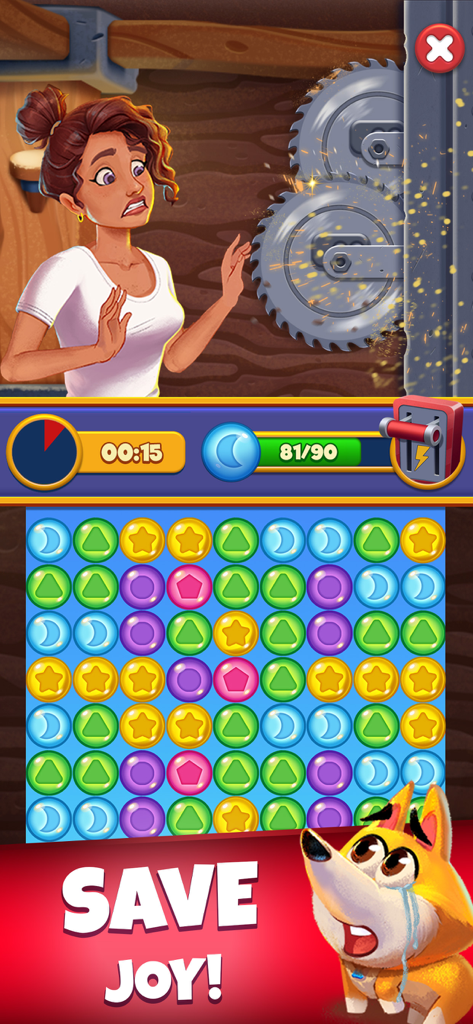 Joy Blast - A match 3 puzzle level in the Joy Blast mobile game showing a mission to rescue the character Joy from saws