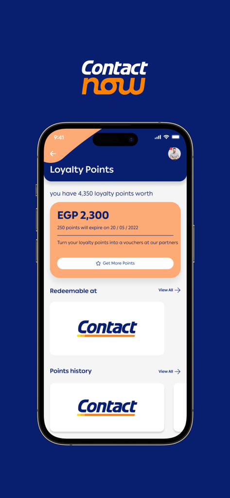 ContactNow | كونتكت - Smartphone screen displaying the loyalty points and rewards section of the ContactNow financial app