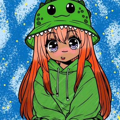 girl with anime shaped eyes with a dinosaur bucket hat oversized sweatshirt long straight hair
